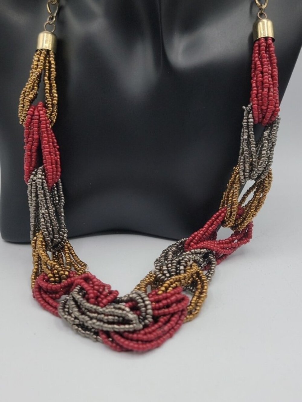 Erica Lyons Multi-Strand Seed Bead Woven Statement Necklace Red Gold Silver 26"
